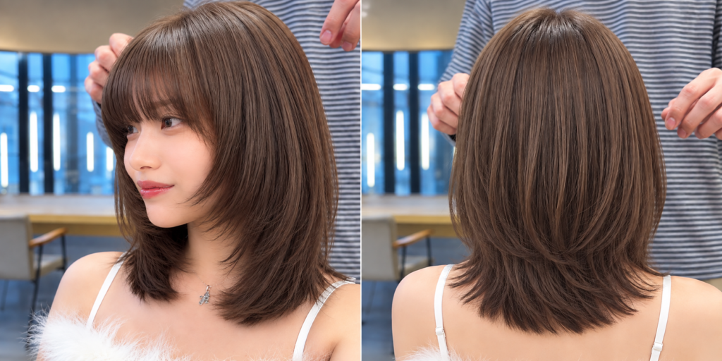 ミディアムレイヤーカットでつくる大人可愛いワンカールヘア。顔まわりレイヤー、毛先の厚み、シースルーバング、透明感たっぷりのシアーグレージュなど、扱いやすく可愛く見せるポイントを紹介します。